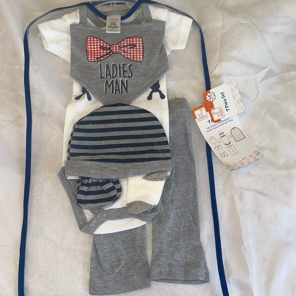 Adorable Baby BOY Outfit 7 Piece Set Ladies Man Dapper Gentleman Hat Bib Socks